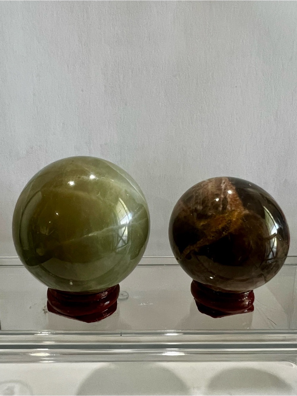 Polished Green and Black Moonstone Decorative Stone Spheres - Set of 2